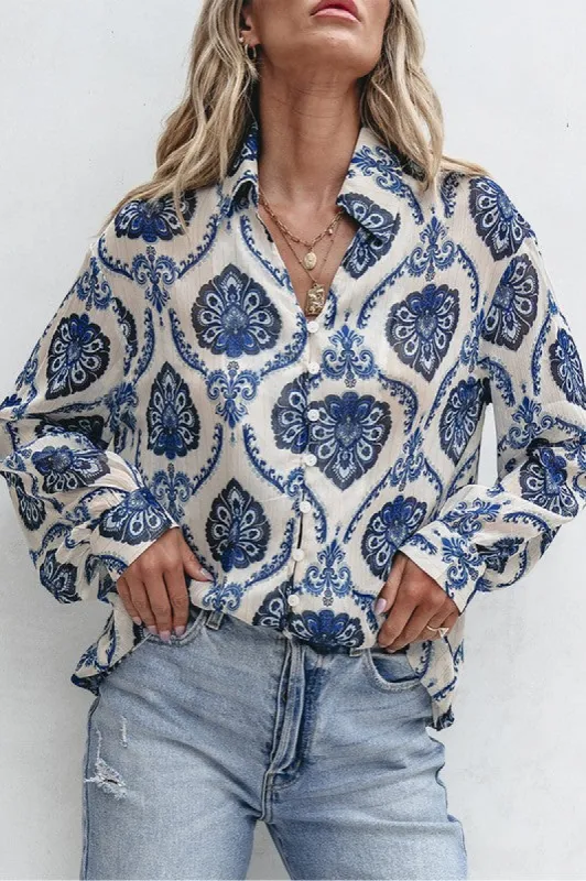 Blue Tribal Pattern Buttoned Front Loose Shirt sold by Charming Charlie