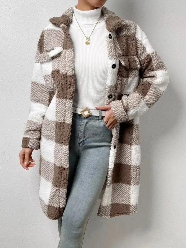Sherpa plaid long coat sold by Charming Charlie