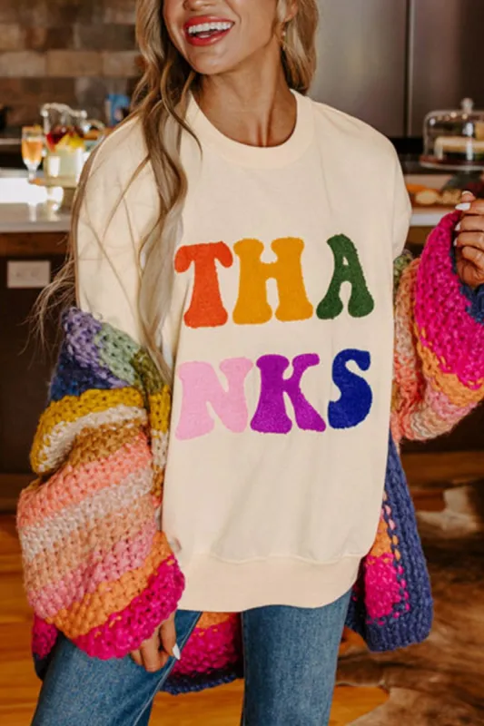 THANKS Round Neck Long Sleeve Sweatshirt sold by Charming Charlie