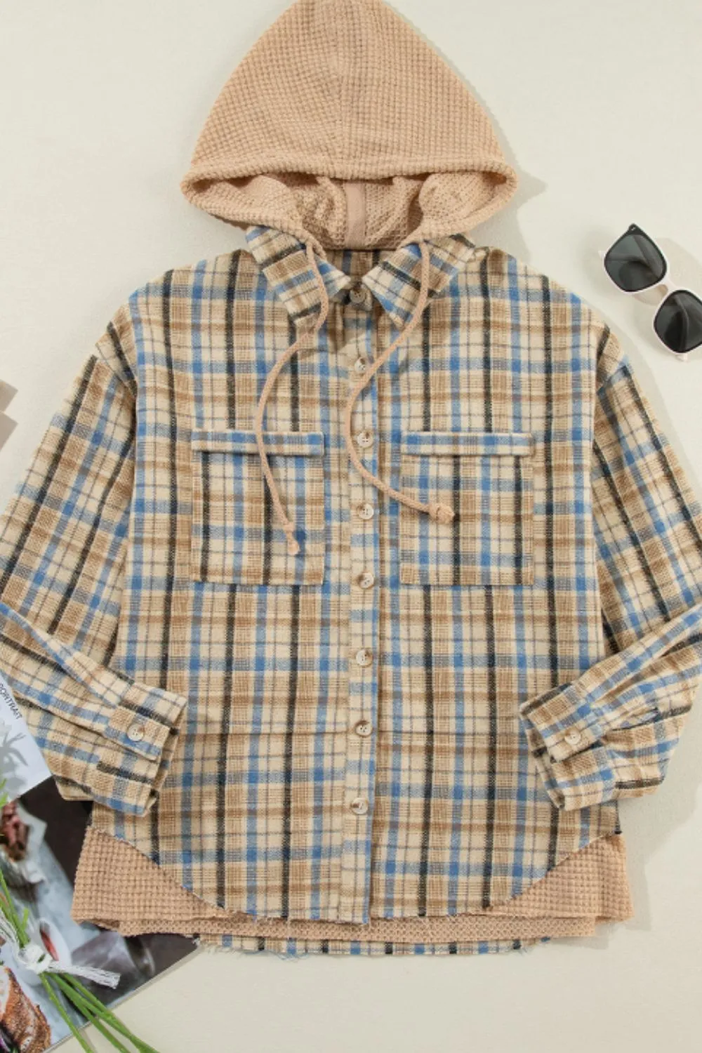 Drawstring Waffle Knit Patchwork Hooded Plaid Shacket sold by Charming Charlie product image thumbnail 5