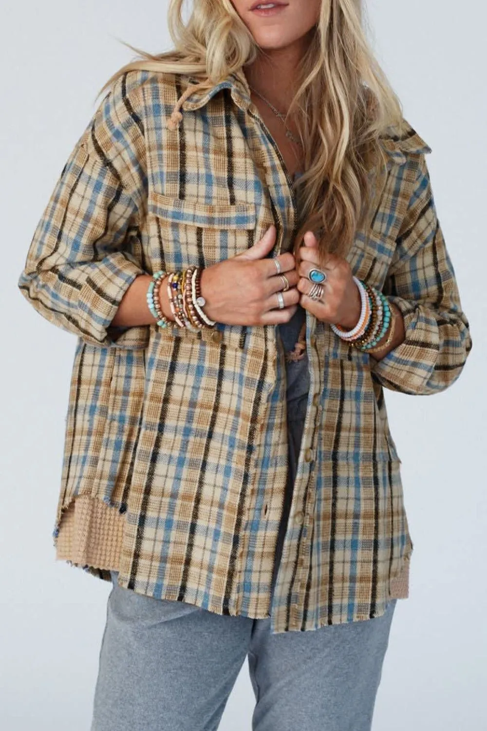 Drawstring Waffle Knit Patchwork Hooded Plaid Shacket sold by Charming Charlie product image thumbnail 2