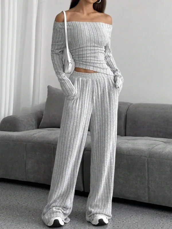 Ribbed Off-Shoulder Top and Pants Set sold by Charming Charlie