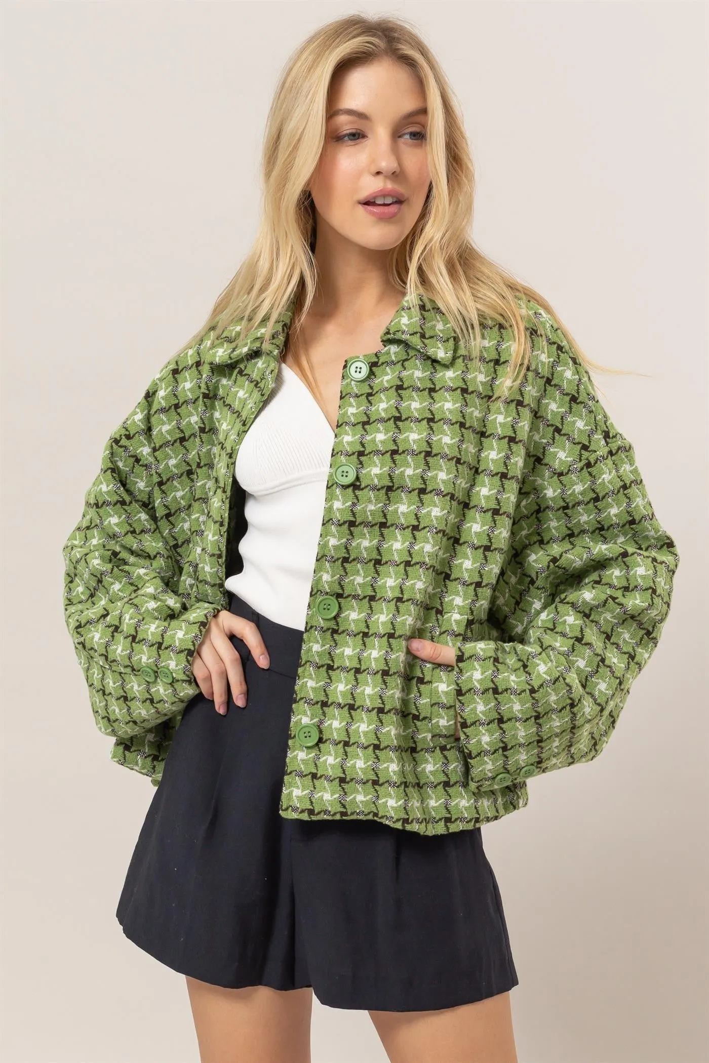 HYFVE Tweed Plaid Button Up Collared Neck Jacket sold by Charming Charlie