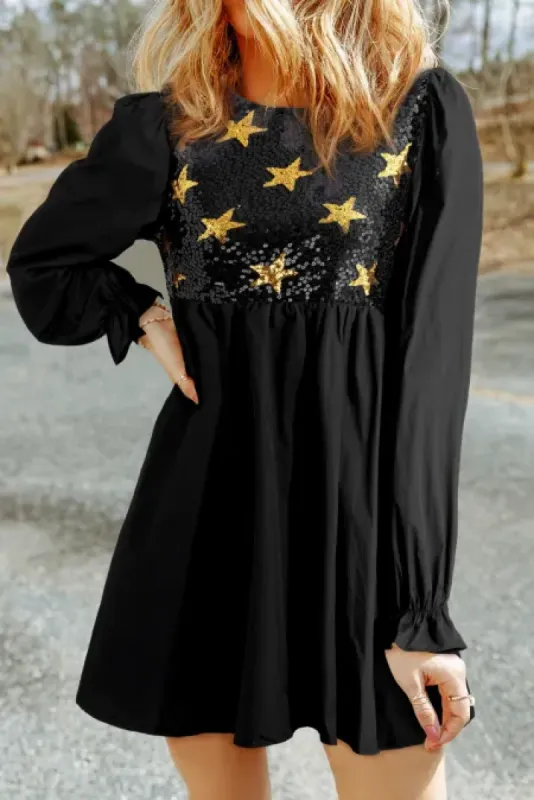 Sequin Star Round Neck Flounce Sleeve Mini Dress sold by Charming Charlie