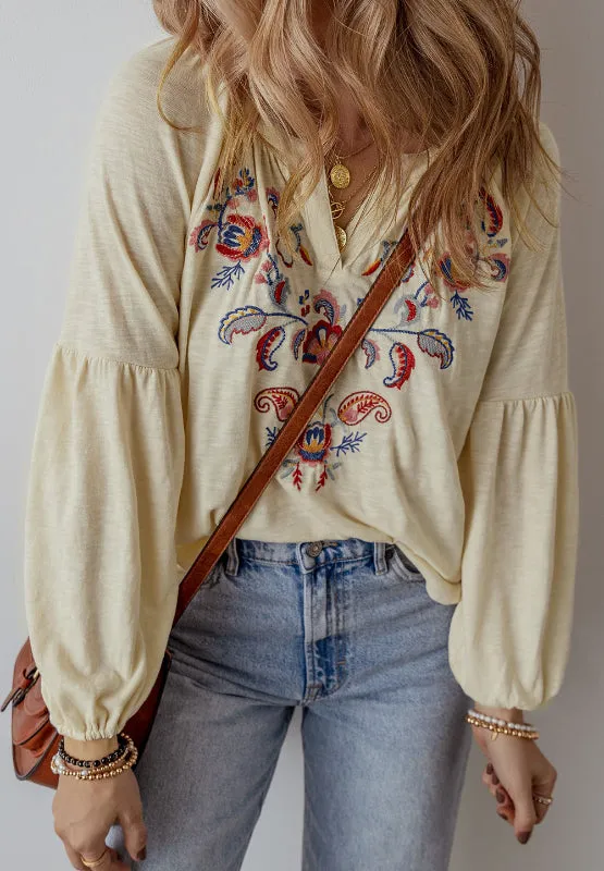 Embroidered Notched Long Sleeve Blouse sold by Charming Charlie product image thumbnail 2