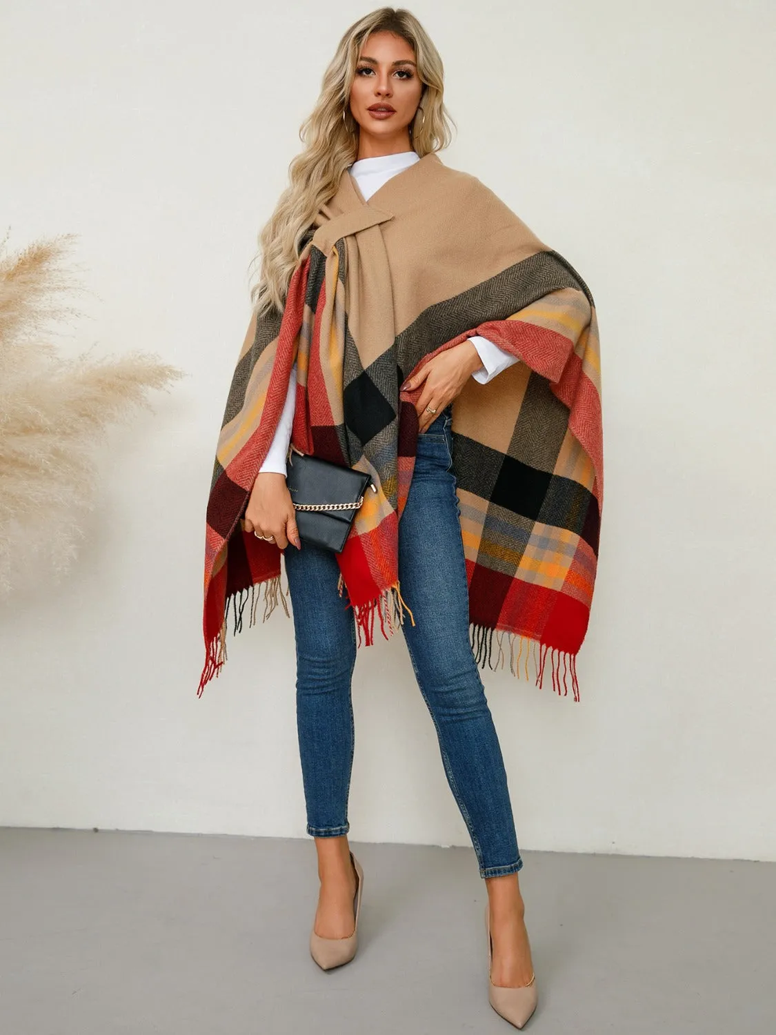 Fringe Contrast Plaid Poncho sold by Charming Charlie product image thumbnail 5
