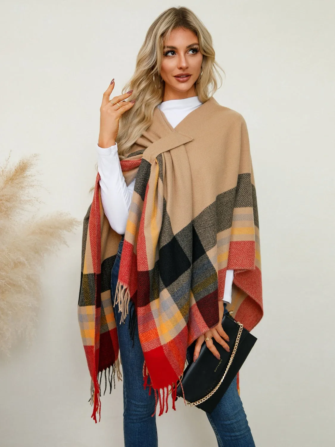 Fringe Contrast Plaid Poncho sold by Charming Charlie product image thumbnail 2