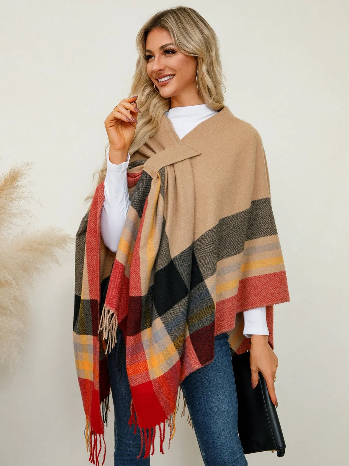 Fringe Contrast Plaid Poncho sold by Charming Charlie product image thumbnail 3