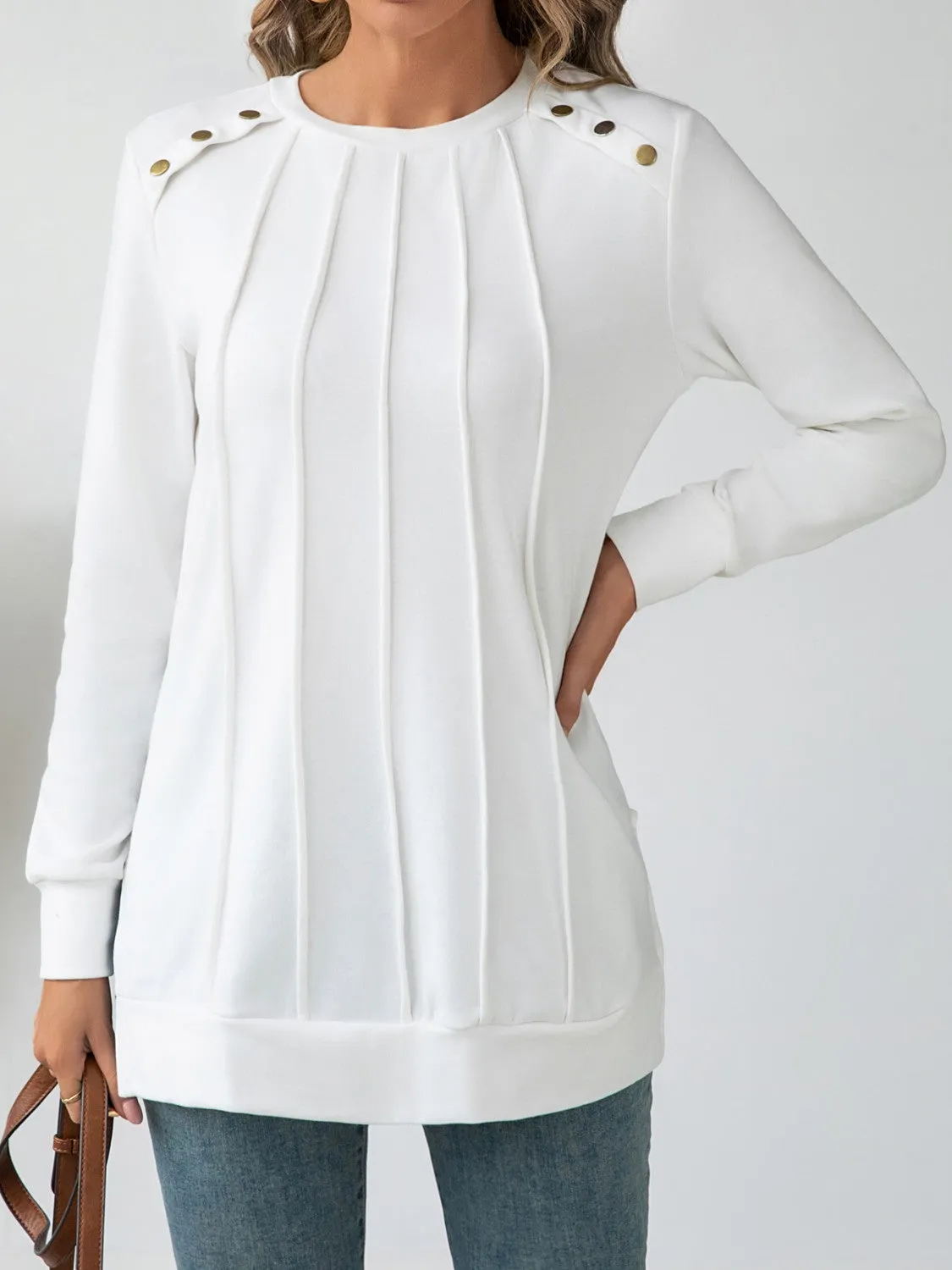 Side Slit Round Neck Long Sleeve Blouse sold by Charming Charlie