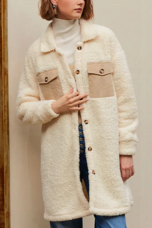 Collared Neck Long Sleeve Longline Teddy Jacket sold by Charming Charlie