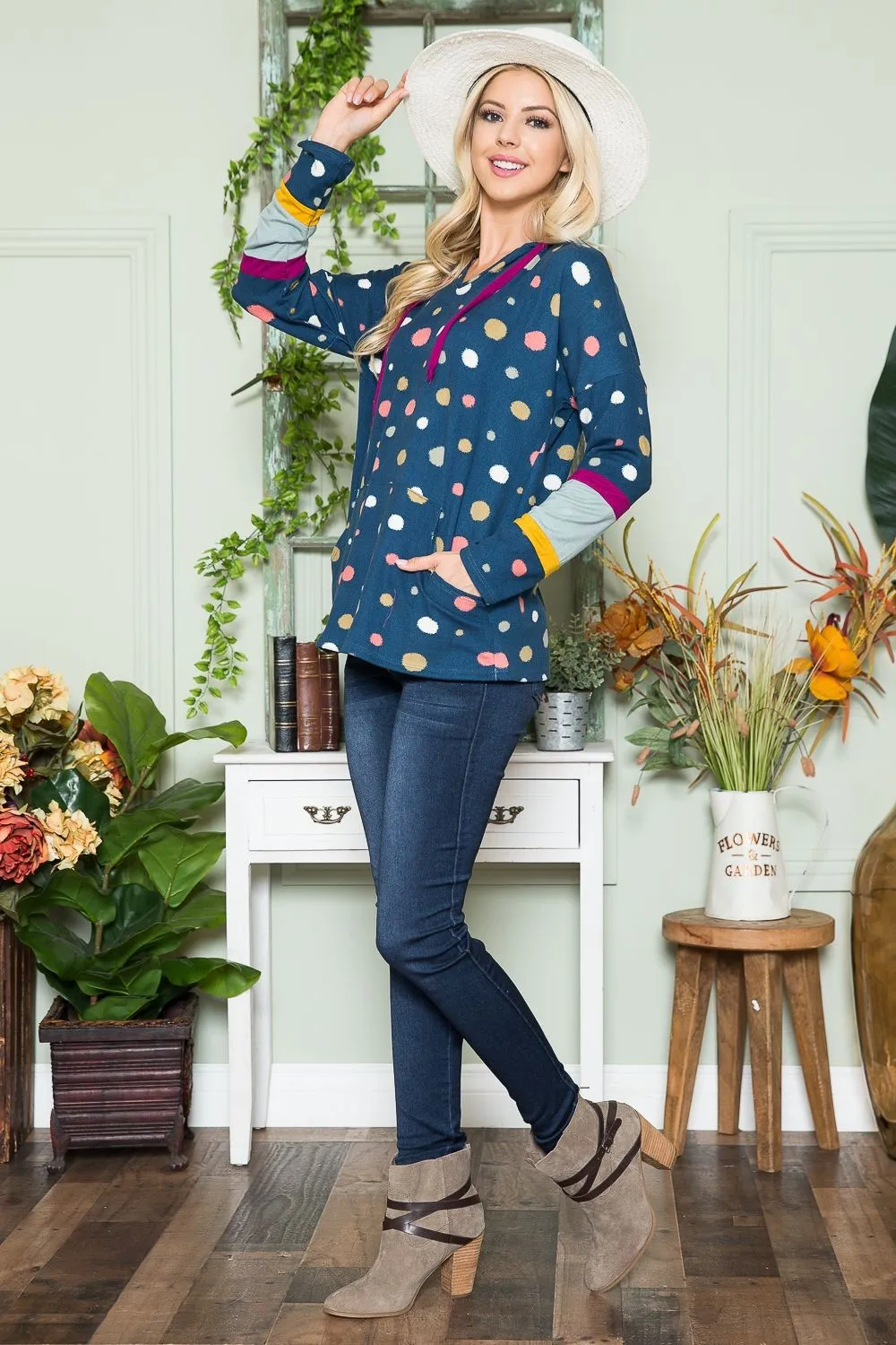 Celeste Full Size Polka Dot Drawstring Hoodie sold by Charming Charlie product image thumbnail 5