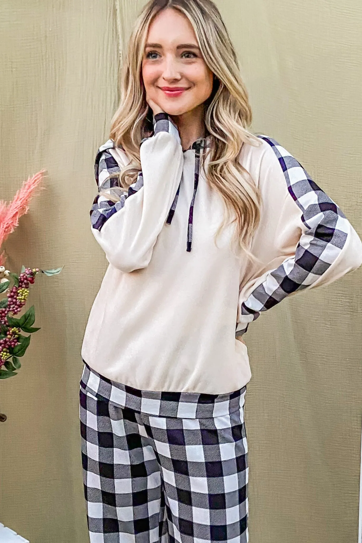 And The Why Drawstring Hooded Top and Plaid Pants Lounge Set sold by Charming Charlie