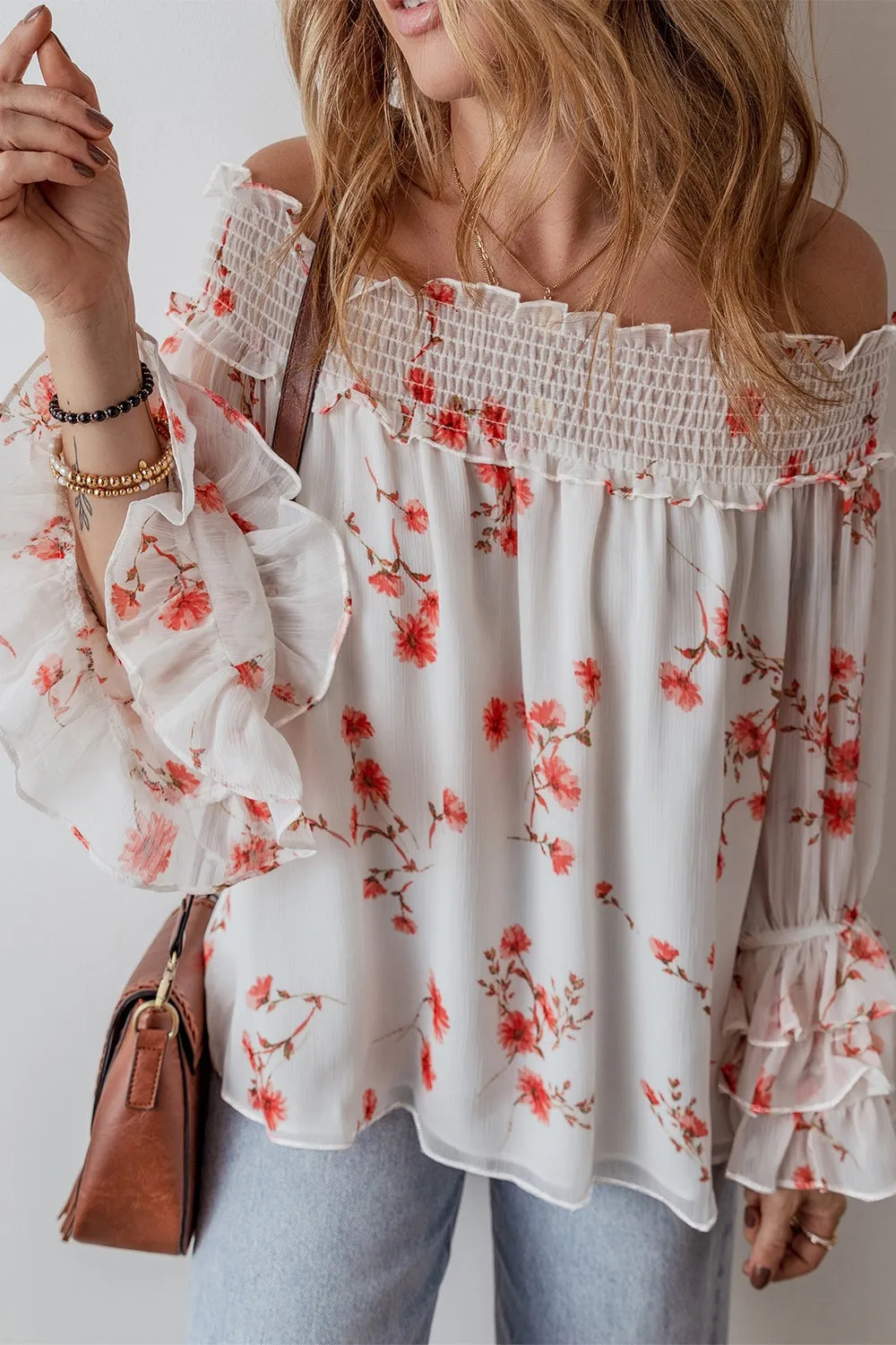 Smocked Floral Off-Shoulder Flounce Sleeve Blouse sold by Charming Charlie