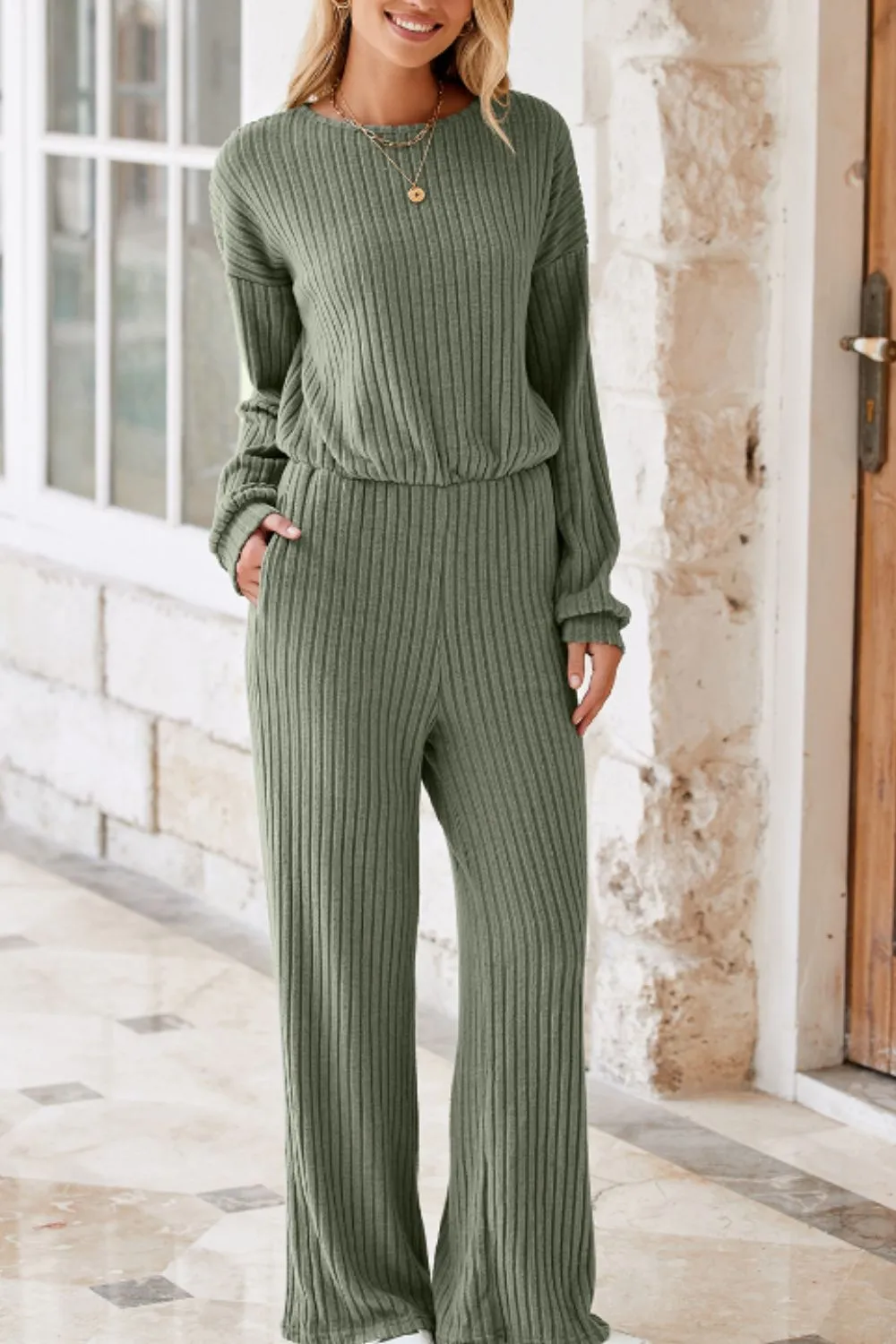 Round Neck Long Sleeve Jumpsuit sold by Charming Charlie product image thumbnail 5