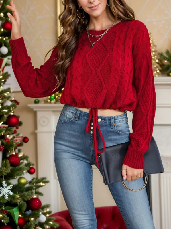 Honey Drawstring Hem Cable-Knit Round Neck Sweater sold by Charming Charlie