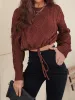 Honey Drawstring Hem Cable-Knit Round Neck Sweater sold by Charming Charlie