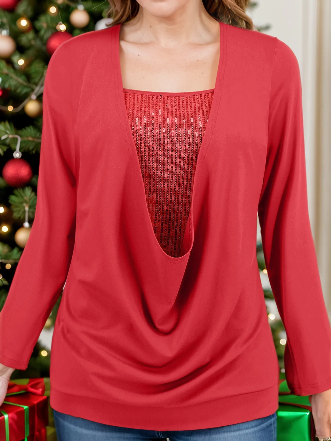 Faux Layered Sequin Long Sleeve Blouse sold by Charming Charlie