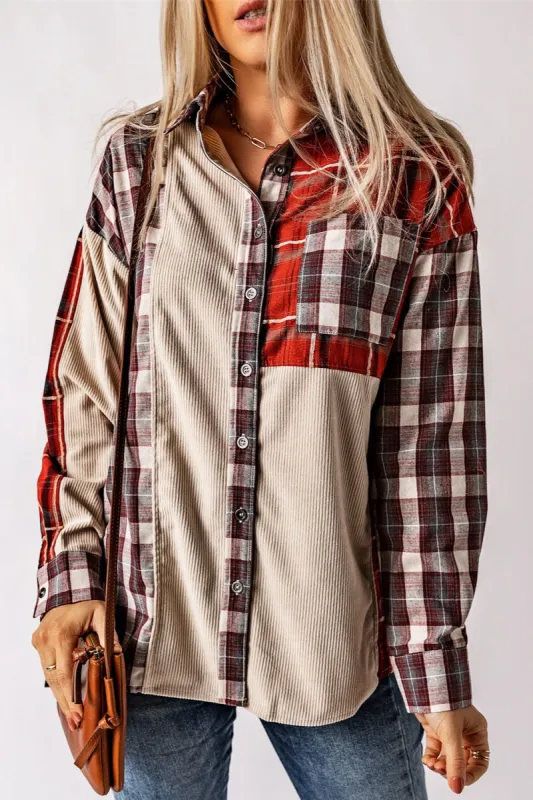 Plaid Patchwork Collared Neck Shacket sold by Charming Charlie
