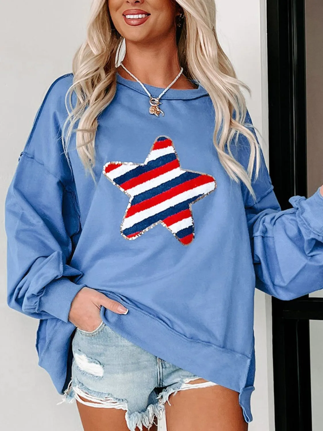 Star Patch Round Neck Long Sleeve Sweatshirt sold by Charming Charlie product image thumbnail 2