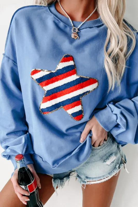 Star Patch Round Neck Long Sleeve Sweatshirt sold by Charming Charlie