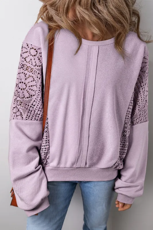 Crochet Round Neck Long Sleeve Sweatshirt sold by Charming Charlie