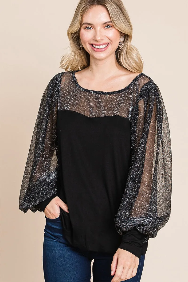Super Lady Full Size Metallic Mesh Lantern Sleeve Blouse sold by Charming Charlie product image thumbnail 4