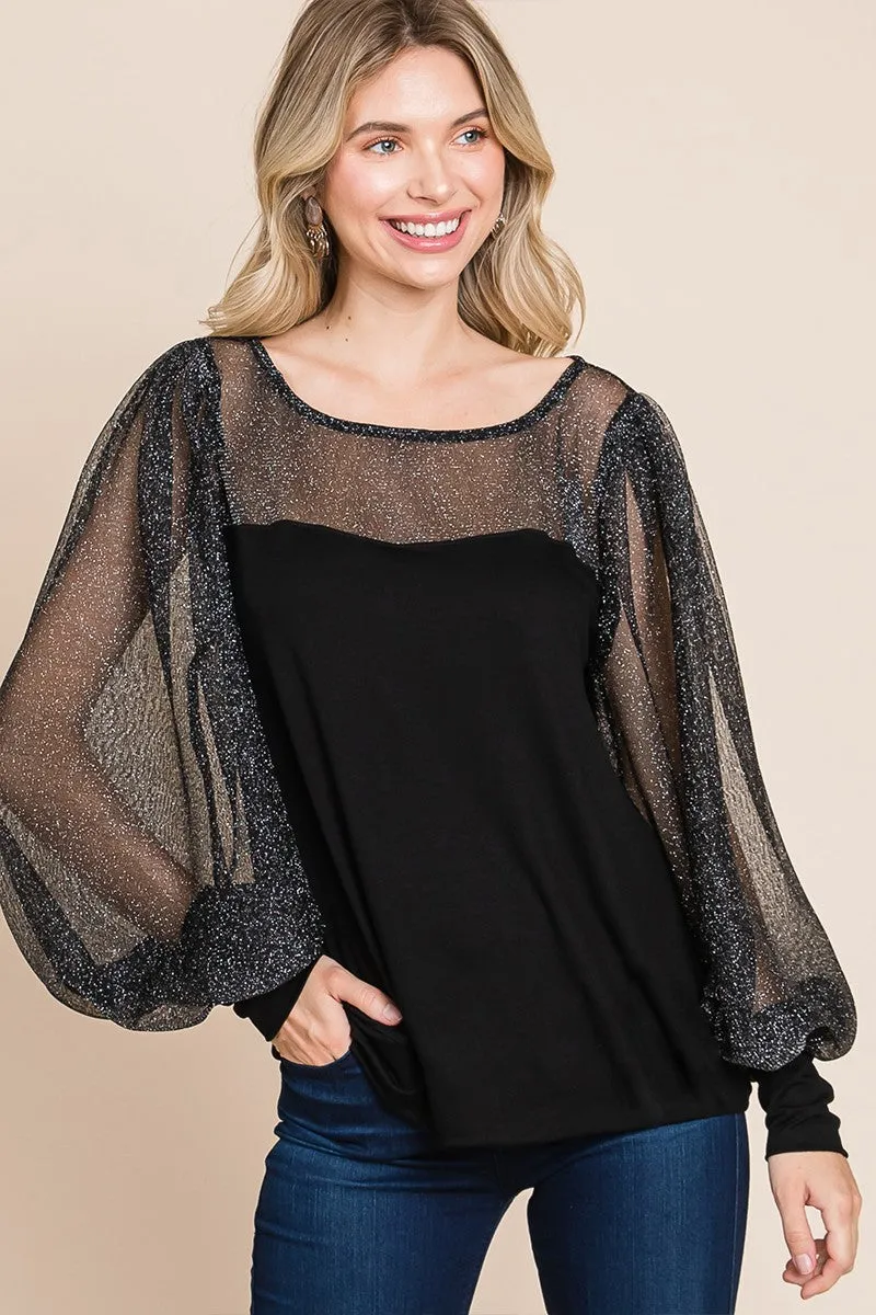 Super Lady Full Size Metallic Mesh Lantern Sleeve Blouse sold by Charming Charlie