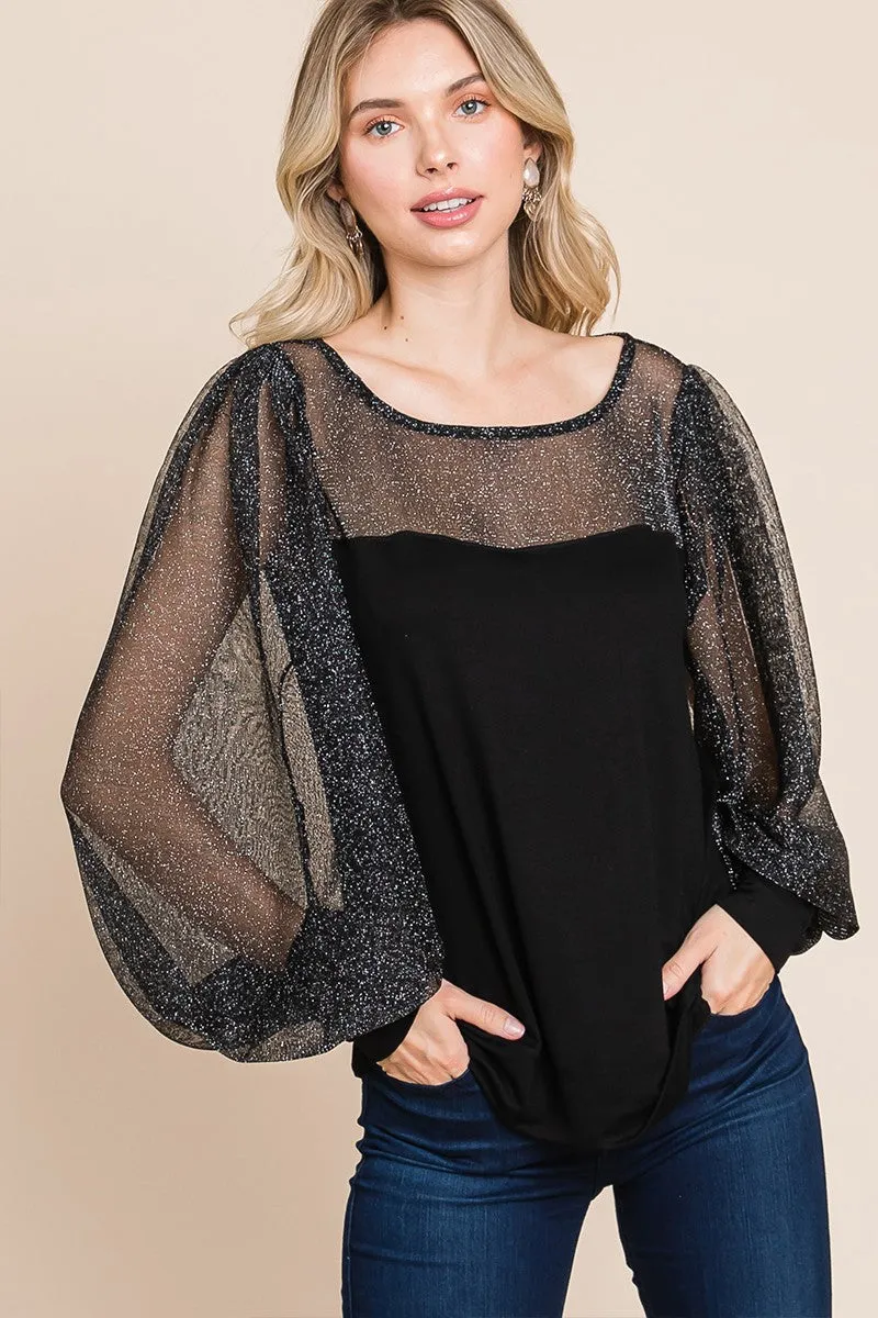 Super Lady Full Size Metallic Mesh Lantern Sleeve Blouse sold by Charming Charlie product image thumbnail 5