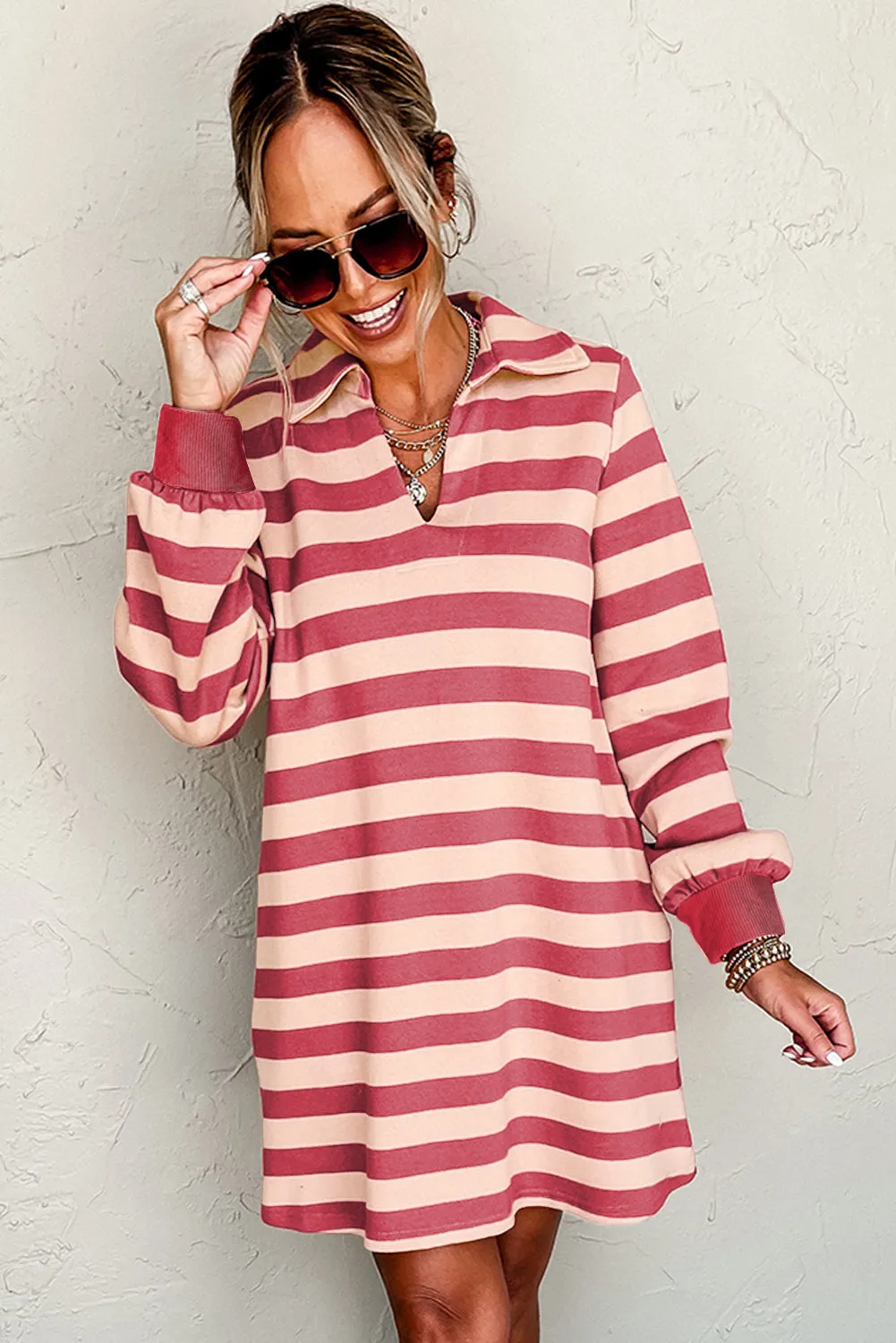 Contrast Striped Johnny Collar Long Sleeve Mini Dress sold by Charming Charlie product image thumbnail 4