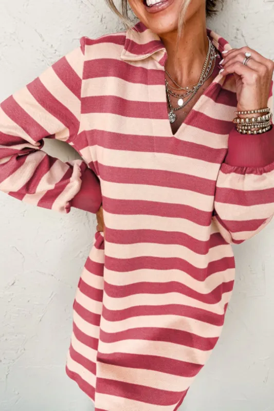 Contrast Striped Johnny Collar Long Sleeve Mini Dress sold by Charming Charlie