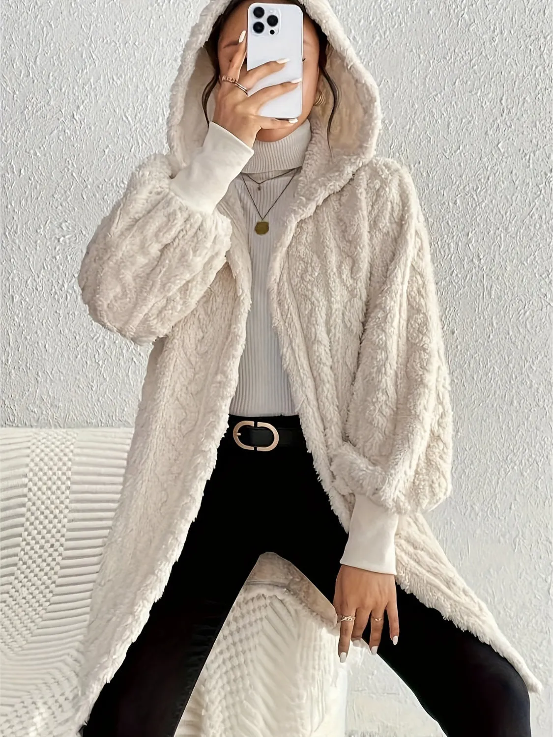Open Front Long Sleeve Fuzzy Hooded Jacket sold by Charming Charlie product image thumbnail 3