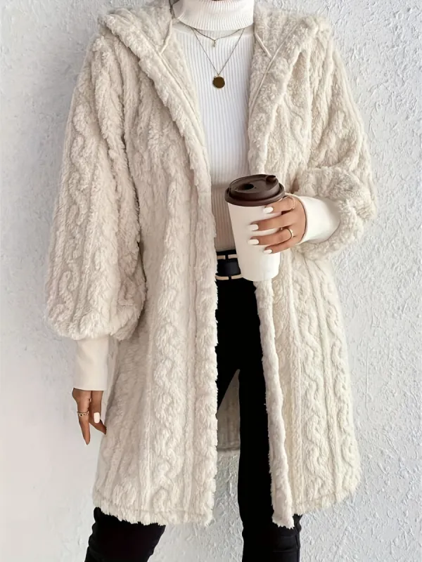 Open Front Long Sleeve Fuzzy Hooded Jacket sold by Charming Charlie
