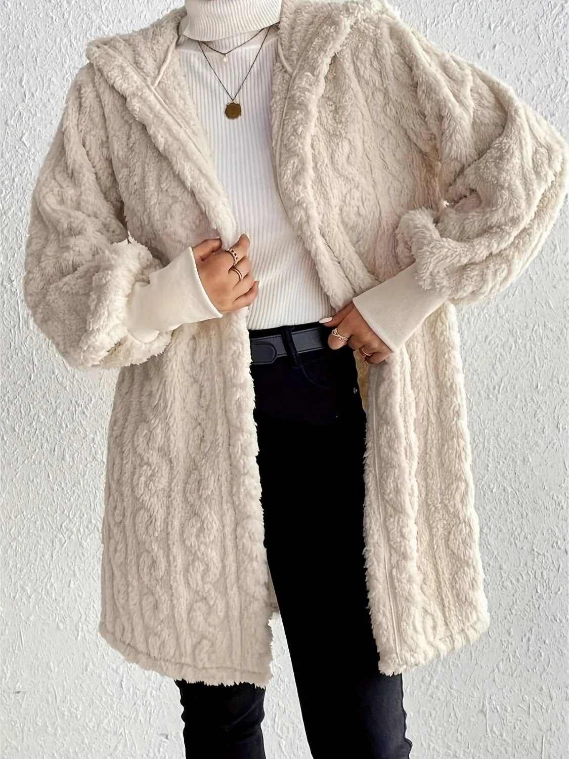 Open Front Long Sleeve Fuzzy Hooded Jacket sold by Charming Charlie product image thumbnail 5