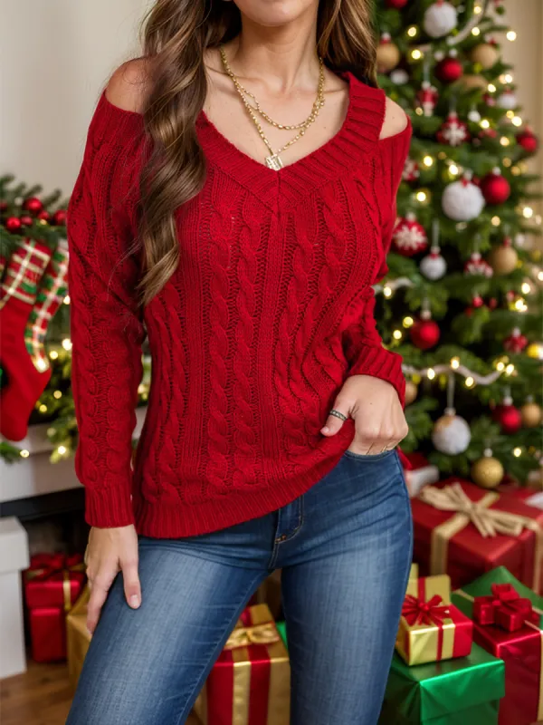 Honey Cable-Knit V-Neck Cold Shoulder Sweater sold by Charming Charlie