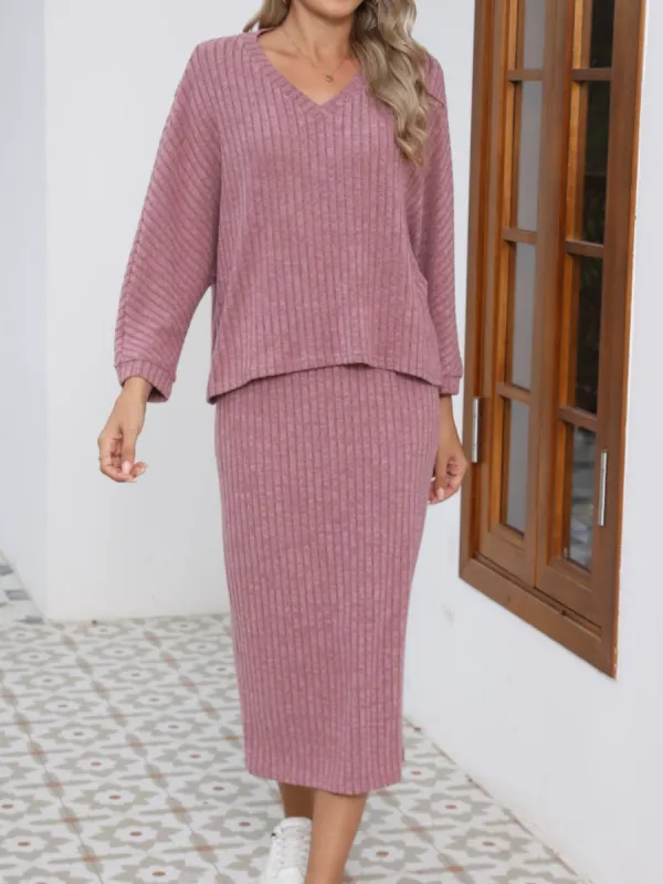 V-Neck Long Sleeve Top and Midi Skirt Set sold by Charming Charlie