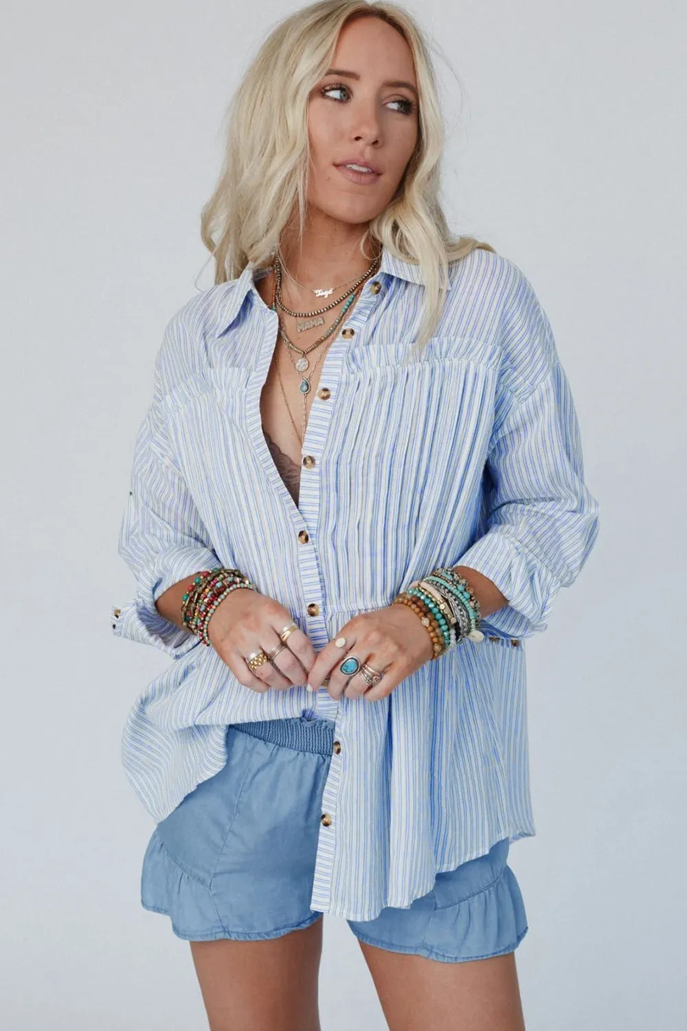 High-Low Striped Collared Neck Long Sleeve Shirt sold by Charming Charlie product image thumbnail 3