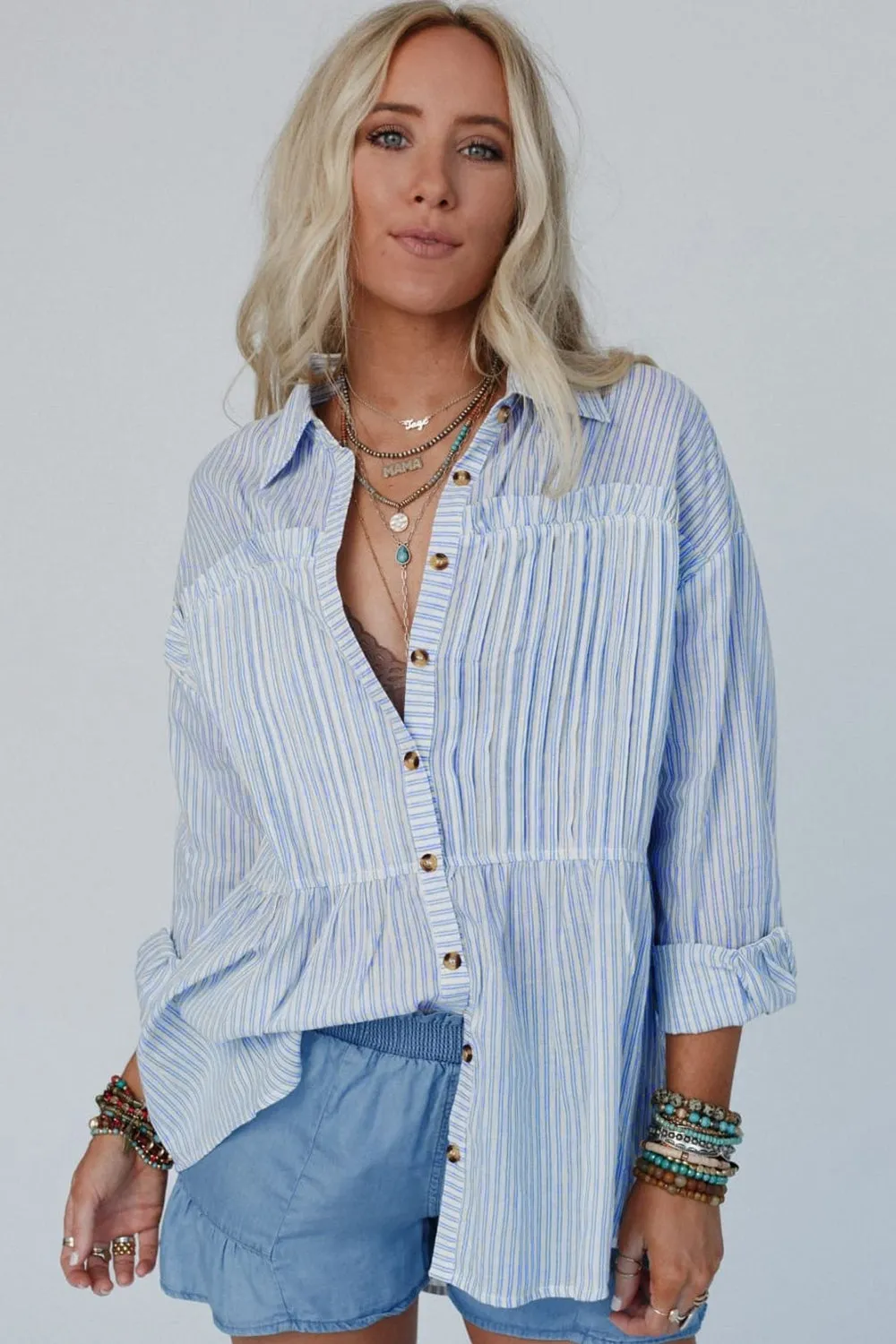 High-Low Striped Collared Neck Long Sleeve Shirt sold by Charming Charlie product image thumbnail 2