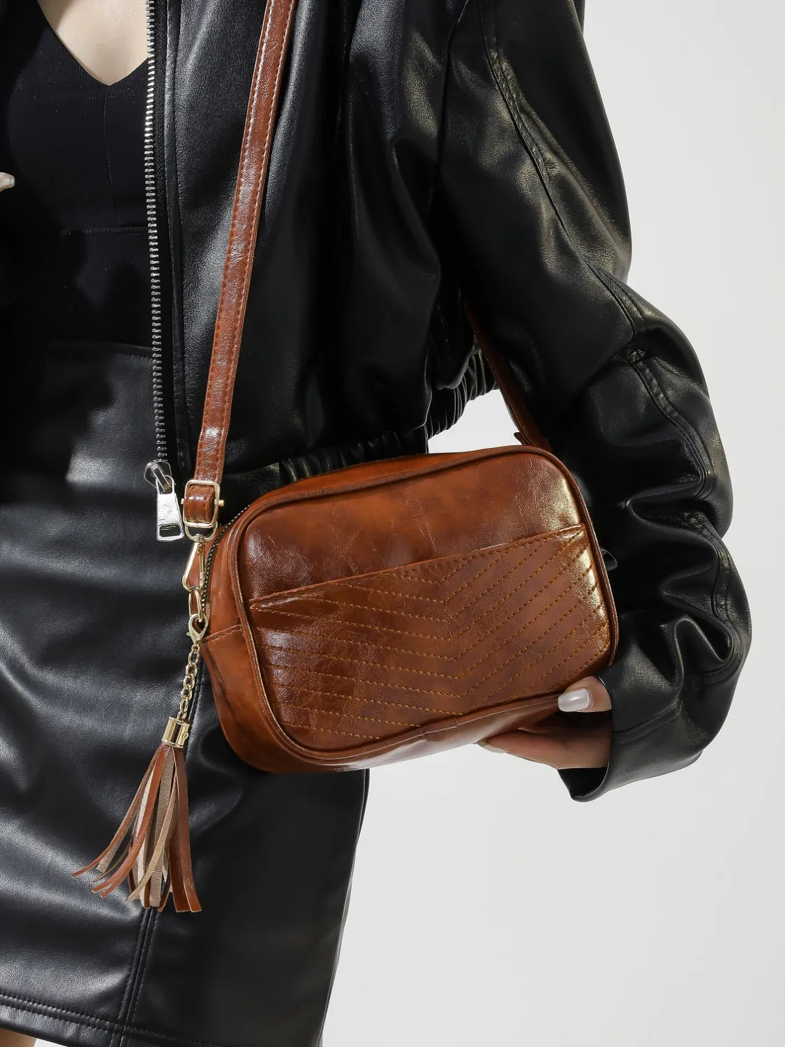 Tassel PU Leather Printed Strap Cassette Crossbody Bag sold by Charming Charlie product image thumbnail 3