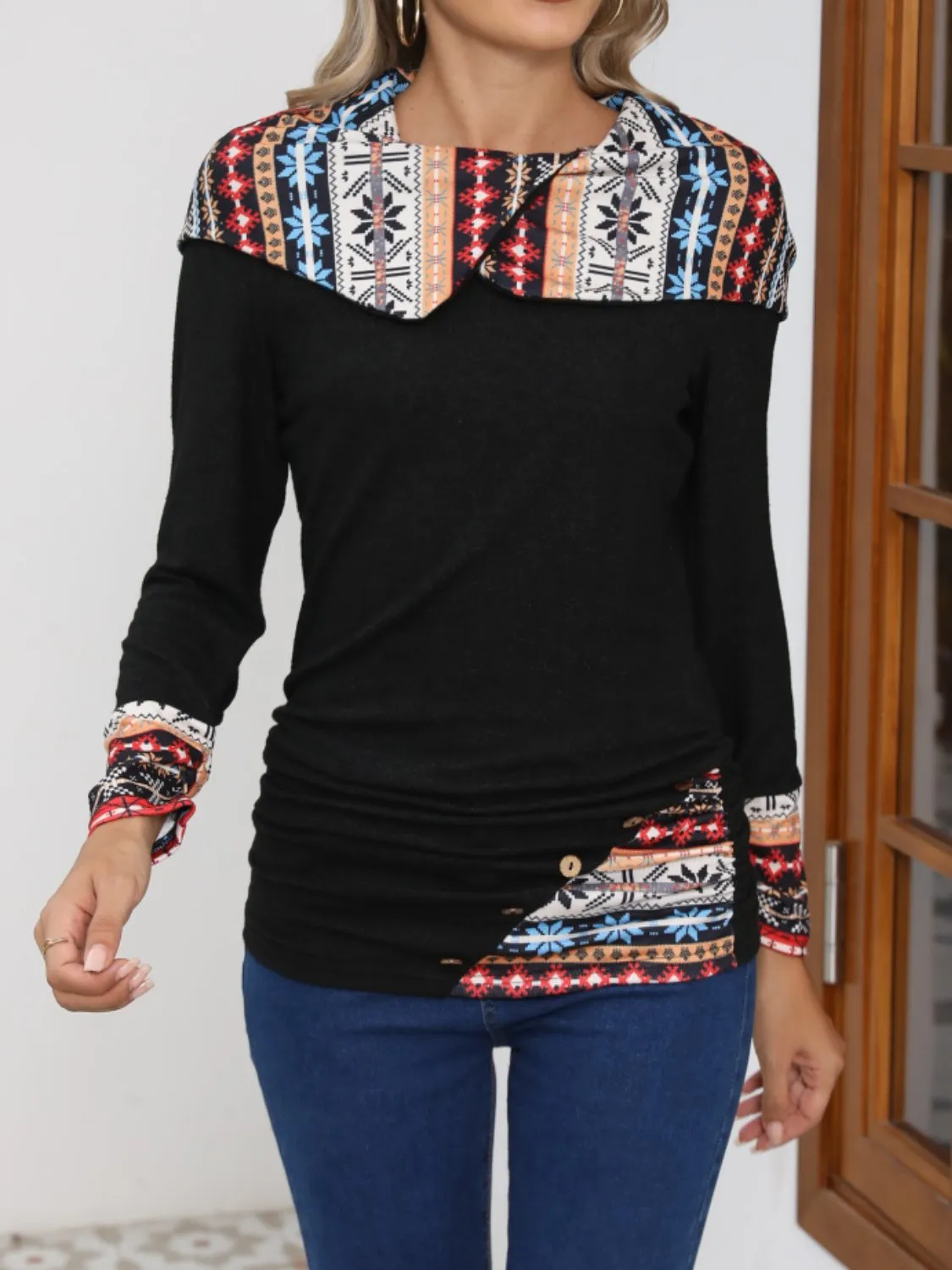 Printed Collared Neck Long Sleeve Blouse sold by Charming Charlie