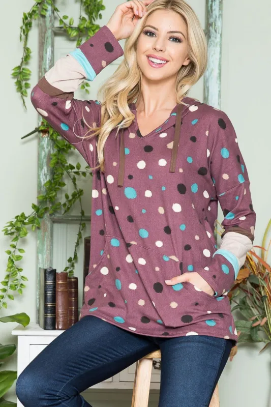 Celeste Full Size Polka Dot Drawstring Hoodie made by Charming Charlie