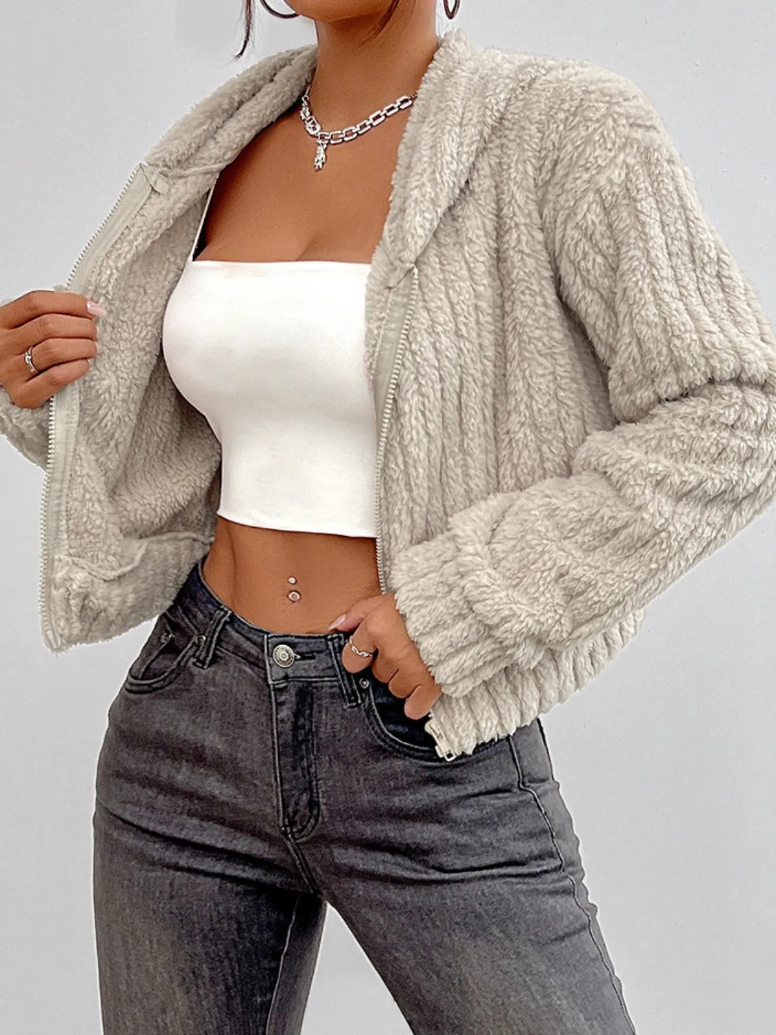 Zip Up Long Sleeve Fuzzy Hooded Jacket sold by Charming Charlie product image thumbnail 5