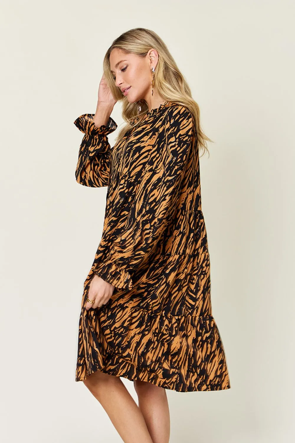 Double Take Full Size Printed Ruffle Hem Long Sleeve Dress sold by Charming Charlie product image thumbnail 3