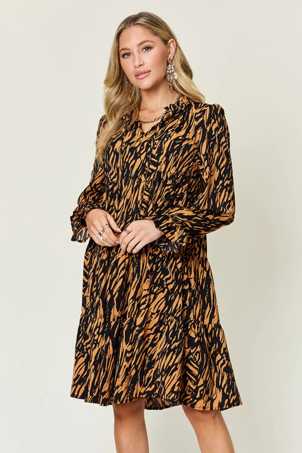 Double Take Full Size Printed Ruffle Hem Long Sleeve Dress sold by Charming Charlie product image thumbnail 2