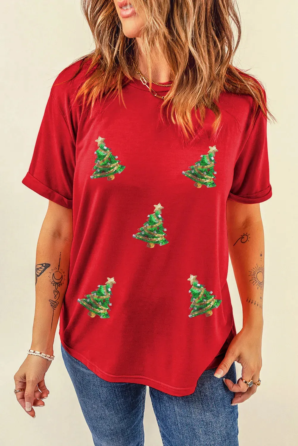 Sequin Christmas Tree Round Neck Short Sleeve T-Shirt sold by Charming Charlie