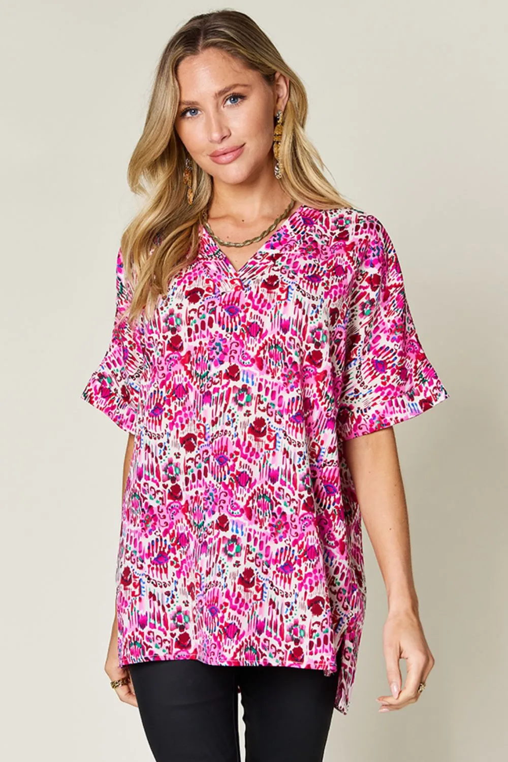 Double Take Full Size Printed V-Neck Short Sleeve Blouse sold by Charming Charlie
