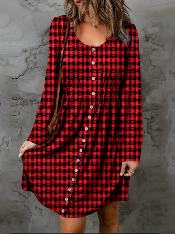 Double Take Full Size Plaid Round Neck Long Sleeve Magic Dress sold by Charming Charlie