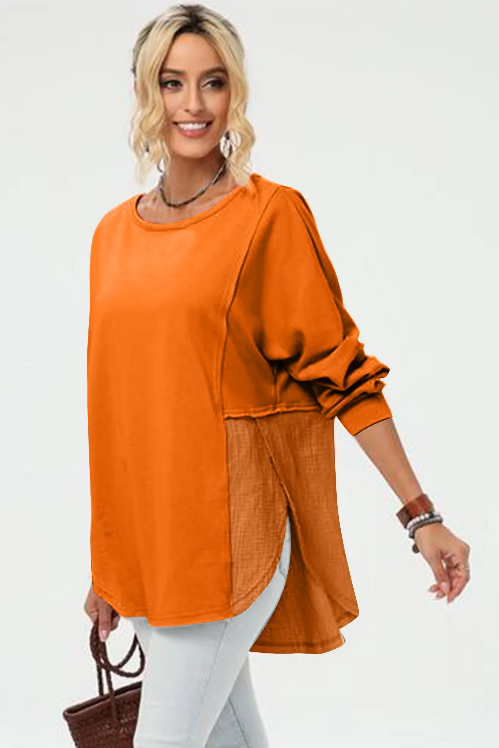 Double Take Full Size Long Sleeve High-Low T-Shirt sold by Charming Charlie
