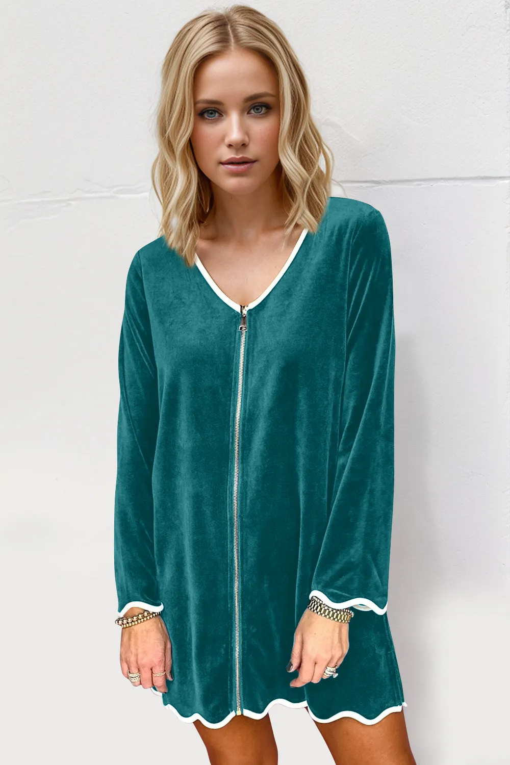 Double Take Wave Contrast Trim V-Neck Zip Up Long Sleeve Mini Dress sold by Charming Charlie product image thumbnail 5