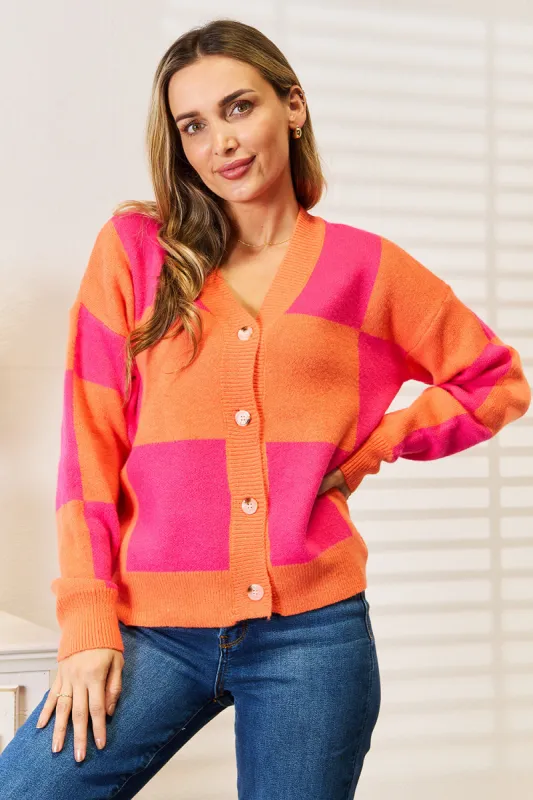 Angel Wings Woven Right Checkered V-Neck Dropped Shoulder Cardigan sold by Charming Charlie