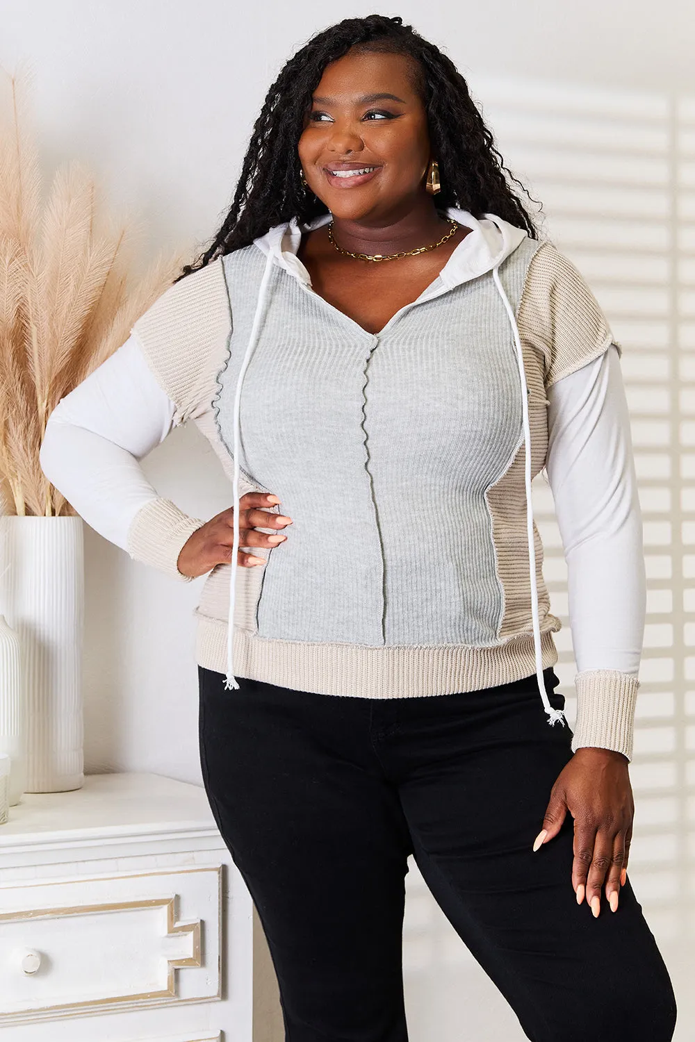 Double Take Color Block Exposed Seam Drawstring Hoodie sold by Charming Charlie product image thumbnail 3